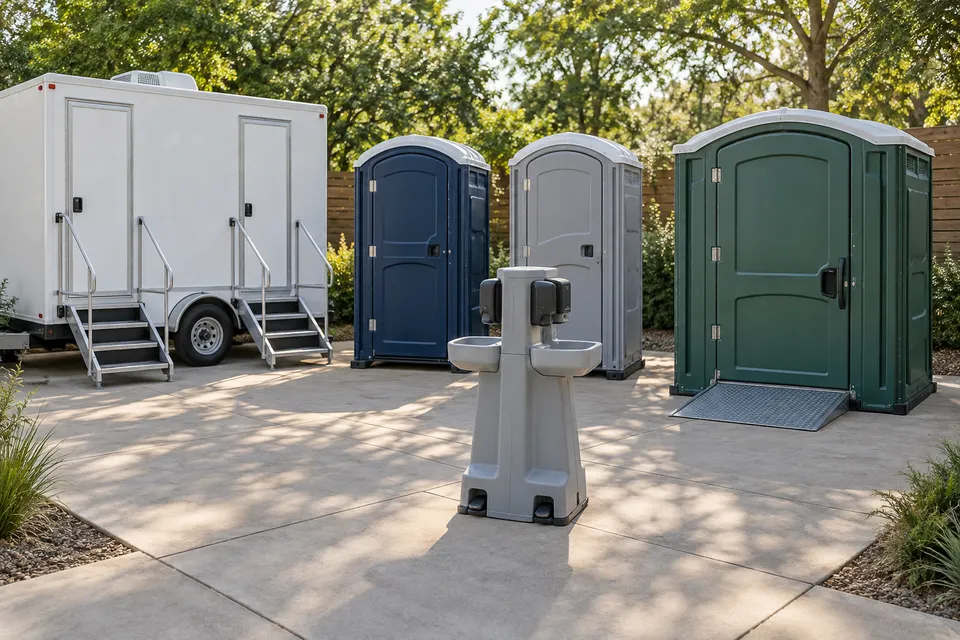 Standard, deluxe and accessible portable toilets, handwashing station and restroom trailer